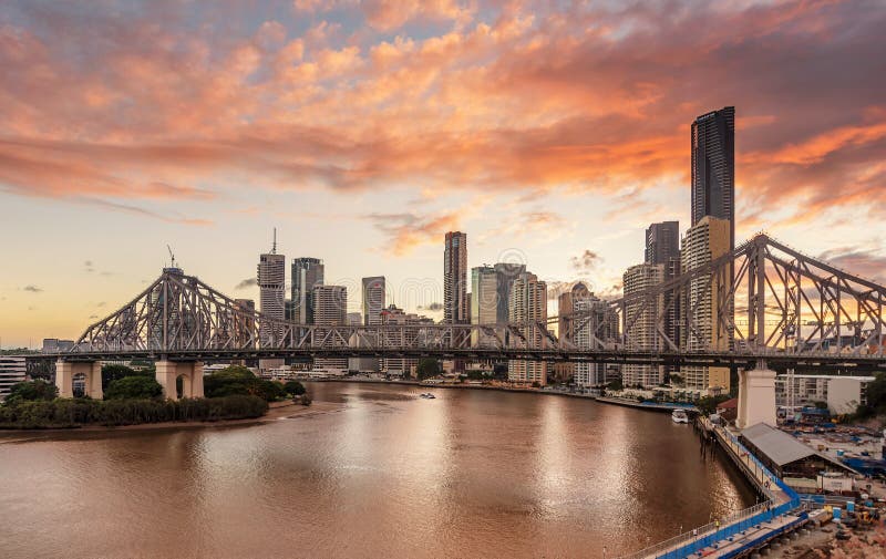 View of Brisbane bridge on the river at sundown, Australia stock image