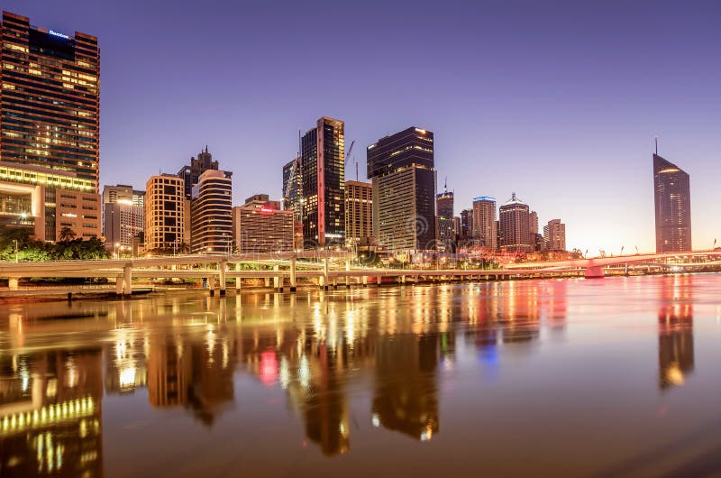 View of Brisbane over the river at sundown, Australia stock photo