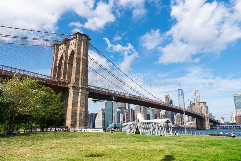 View of Brooklyn Bridge from Empire Fulton Ferry Park Stock Image ...