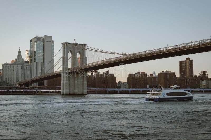 View of the Brooklyn Bridge and Ferry on the East River, Brooklyn, New