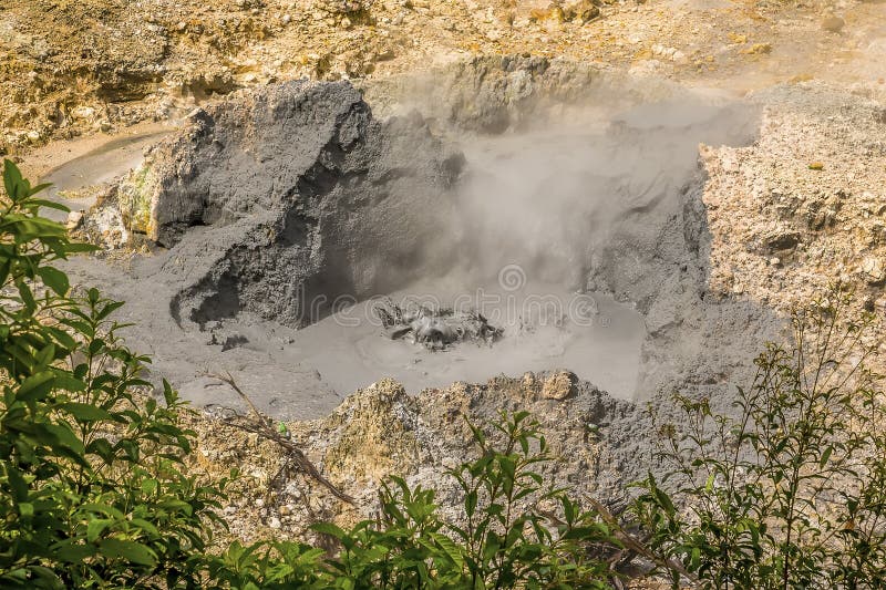 A view of bubbling mud pools in the Sulphur Springs near to Soufriere in St Lucia. In the dry season