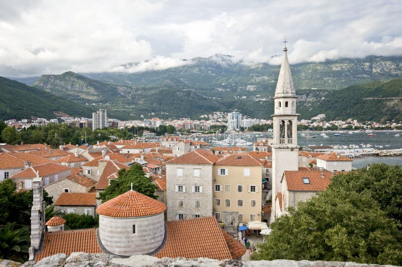 The view of Budva town from the old citadel royalty free stock photos