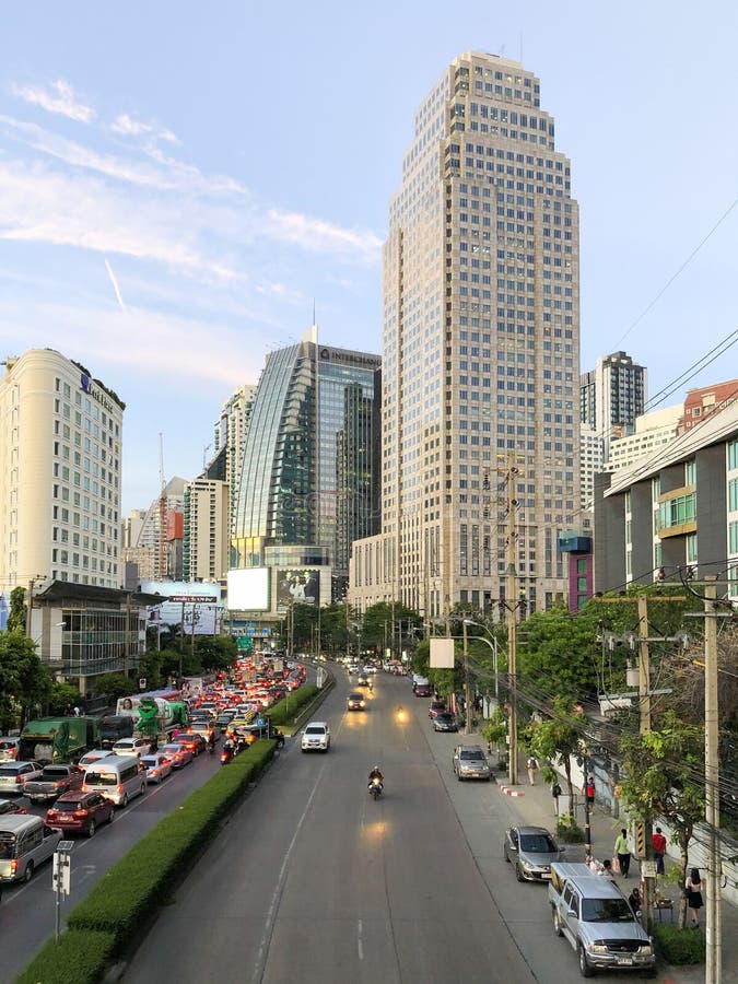 Bangkok Thailand - 30 April 2019: View of building and traffic jam on the Ratchadaphisek road near Asoke junction in the evening