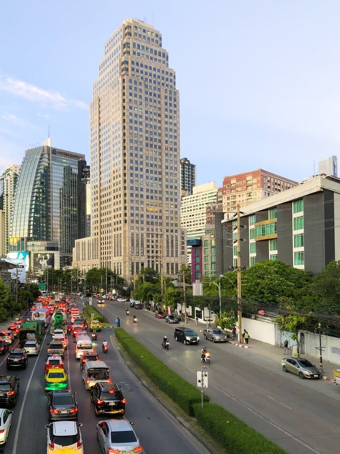 Bangkok Thailand - 30 April 2019: View of building and traffic jam on the Ratchadaphisek road near Asoke junction in the evening