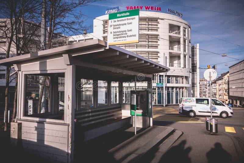 View of a bus stop for lines 2 E11 and 16 in Basel, Switzerland