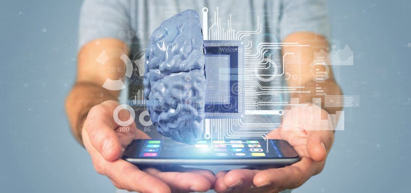 Business man holding artificial intelligence icon with half brain and half circuit 3d rendering royalty free stock photos Business man holding artificial intelligence icon with half brain and half circuit 3d rendering royalty free stock photos
