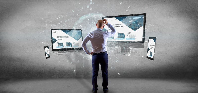 Businessman in front of Devices connected to a global business network 3d rendering royalty free stock images