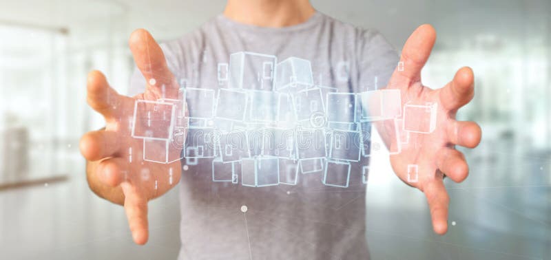 Businessman holding a Cloud of blockchain cube and binary data 3 stock image
