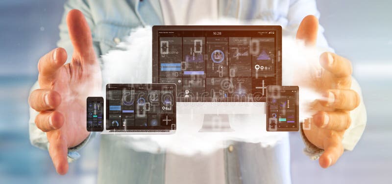 Businessman holding Devices connected to a cloud multimedia network 3d rendering stock photography