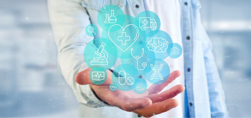 Businessman holding Medical icon and connection 3d rendering royalty free illustration