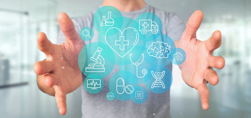 Businessman holding Medical icon and connection 3d rendering royalty free illustration