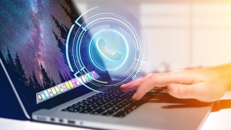 Businessman using a Shinny technologic phone button on his laptop - 3d render royalty free stock photography Businessman using a Shinny technologic phone button on his laptop - 3d render royalty free stock photography