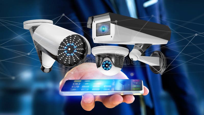 Businessman using a smartphone with a Security camera system and network connection - 3d rendering stock photography