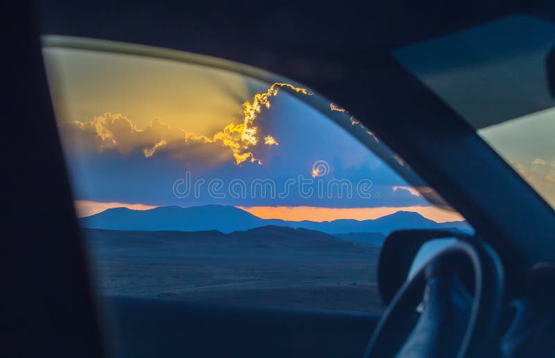 View from the Car Window on Sunset in the Mountains Stock Image Image