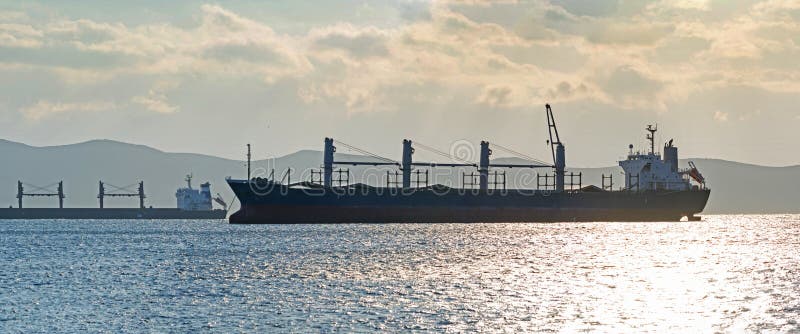 Cargo vessels at anchorage, Greece.