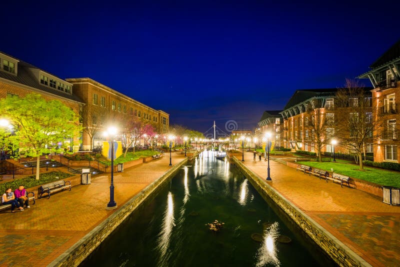 View of Carroll Creek at Night, in Frederick, Maryland. Stock Image