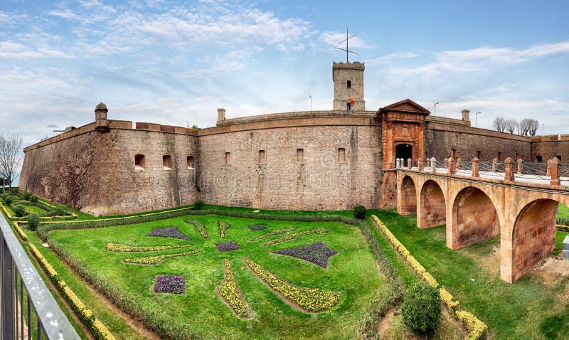 View of Castillo de Montjuic on mountain Montjuic in Barcelona