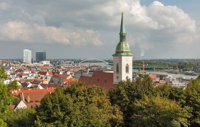 Bratislava cityscape with St. Martin Cathedral and Danube river, Slovakia.