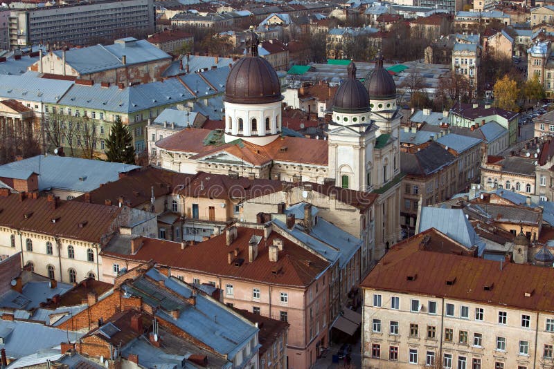The view of cathedral in city Lviv, Ukraine royalty free stock images