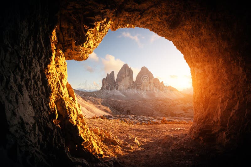 View from the cave in mountain against Three peaks of Lavaredo