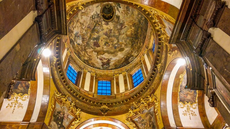 View of ceiling of St Francis Seraph church in Prague