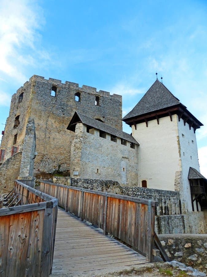 View of Celje Upper Castle and the Old Bridge royalty free stock photography