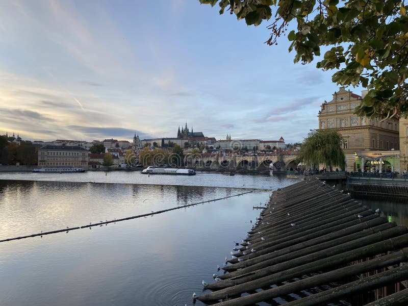View of Charles Bridge and Prague Castle in distance, Prague, Czech Republic royalty free stock images