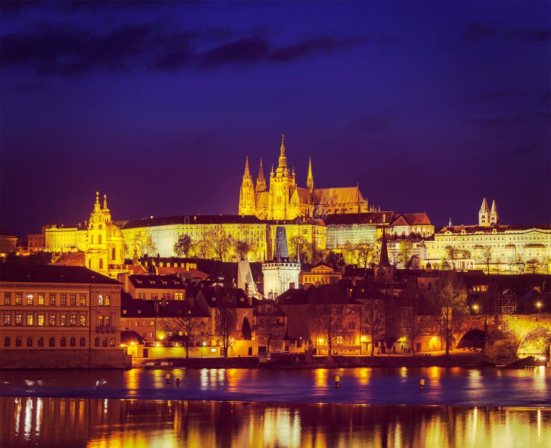 View of Charles Bridge and Prague Castle in twilight royalty free stock images