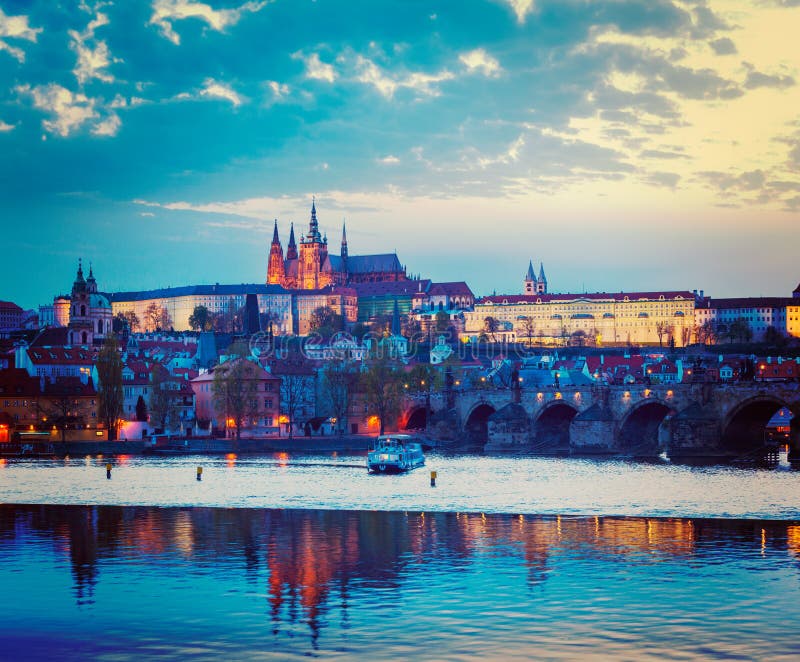 View of Charles Bridge and Prague Castle in twilight stock photo