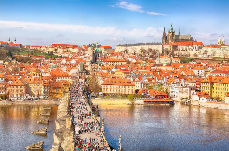 View of Charles Bridge, Prague Castle and Vltava river in Prague, Czech Republic from above. Nice sunny summer day with blue sky a