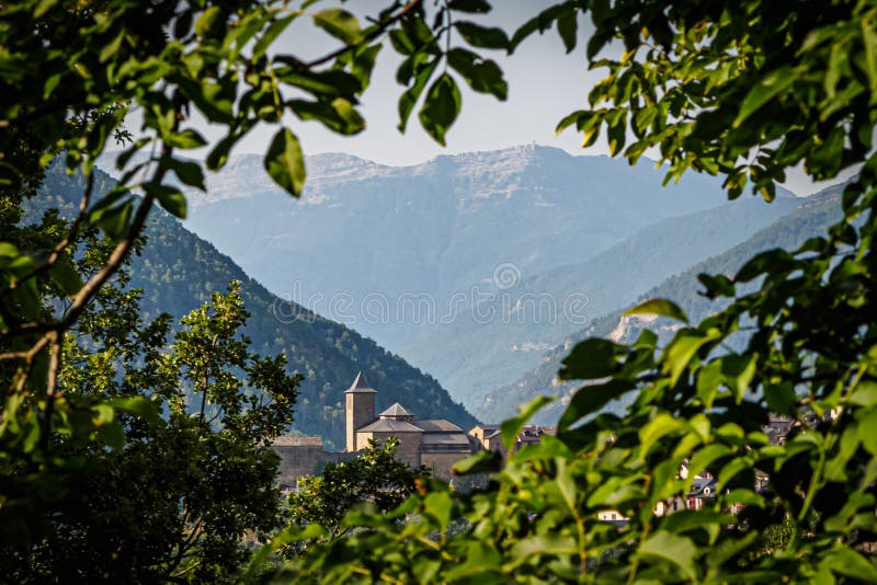 View of the church of Torla de Ordesa in the National Park of Ordesa stock image View of the church of Torla de Ordesa in the National Park of Ordesa stock image