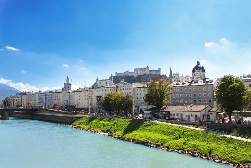 View of city salzburg and Salzach river, Austria stock images View of city salzburg and Salzach river, Austria stock images