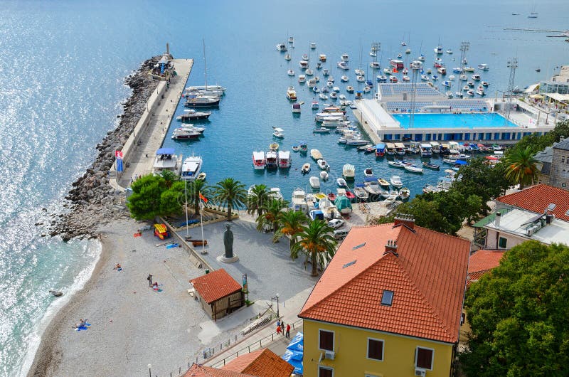 View of coast of Herceg Novi and bay from fortress wall Forte Mare, Montenegro