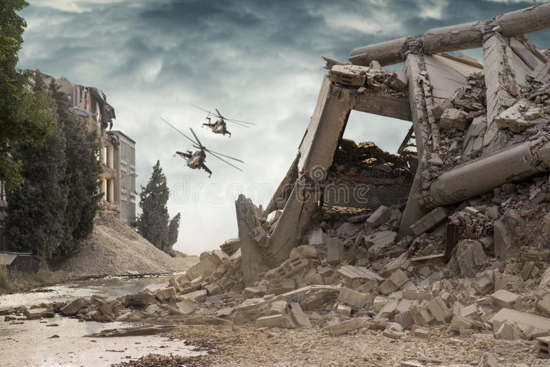 View on a collapsed concrete industrial building with attack helicopters Mi24 in dark dramatic sky above