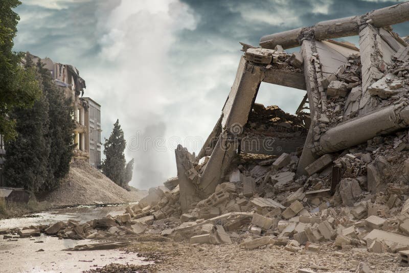 View on a collapsed concrete industrial building with white smoke column in background and dark dramatic sky above