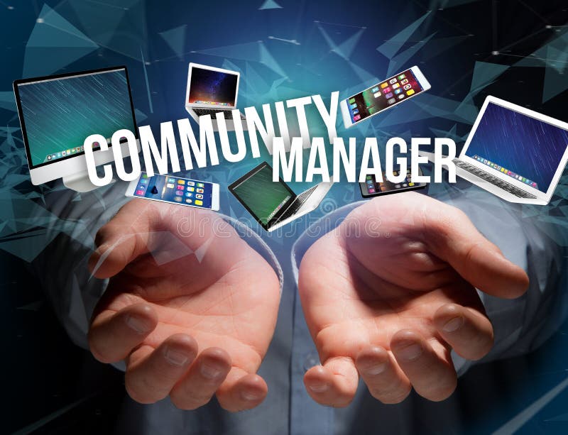 Community Manager Title Surounded By Device Like Smartphone Tab Stock