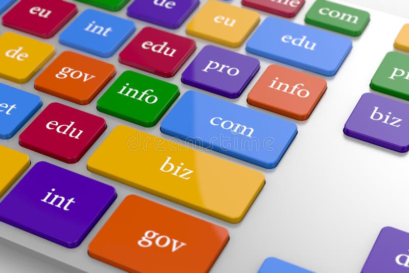 View of computer kwyboard button with color domain name buttons stock illustration