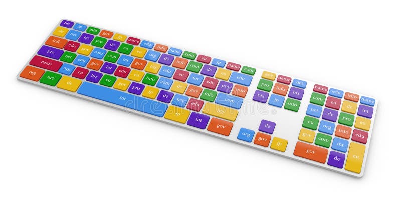 3d render of global internet communication creative abstract internet PC technology and web telecommunication business computer concept. View of computer kwyboard button with color domain name buttons