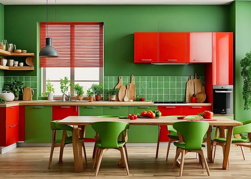 A Modern Kitchen Painted in Red and Green. AI Generated. Stock
