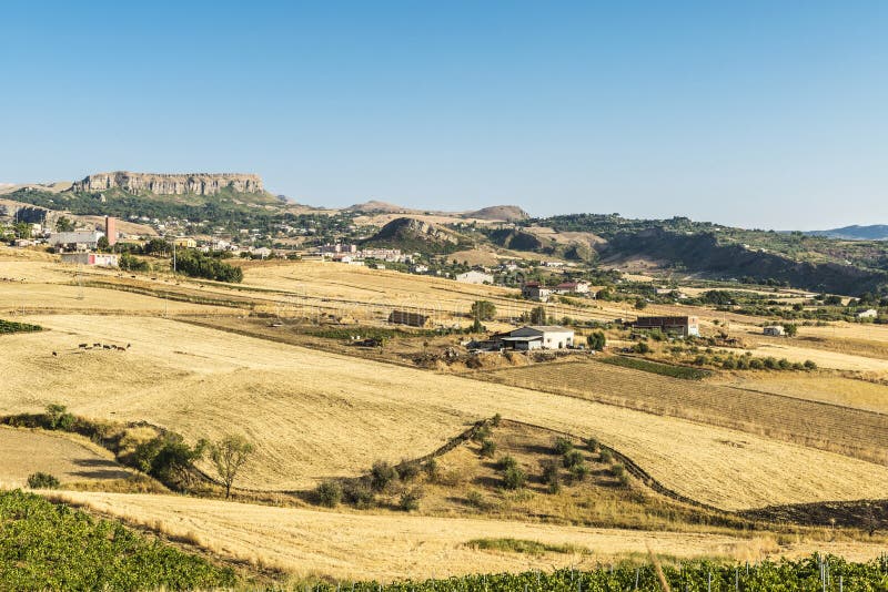 View of Corleone between fields in Sicily, Italy