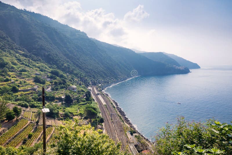 View of Corniglia railway station, and the mountains. Coast Corniglia of Cinque Terre, Italy royalty free stock photos View of Corniglia railway station, and the mountains. Coast Corniglia of Cinque Terre, Italy royalty free stock photos