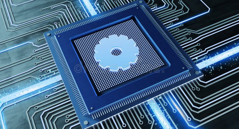 CPU processor chip with a gear and network connection on a circuit board - 3d render stock illustration
