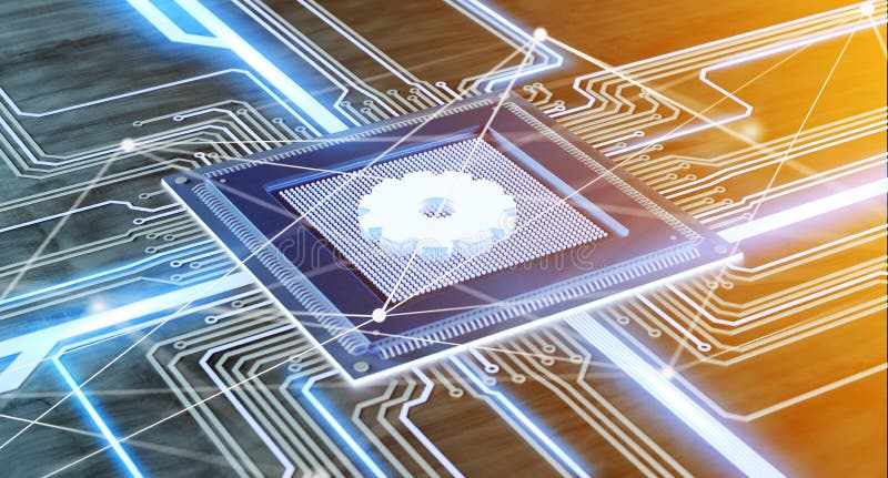 CPU processor chip with a gear and network connection on a circuit board - 3d render vector illustration