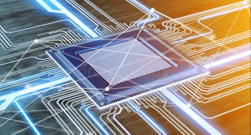 CPU processor chip and network connection on a circuit board - 3 royalty free illustration