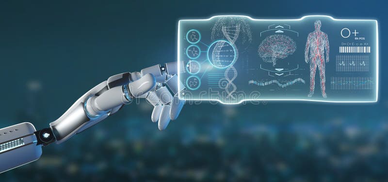 Cyborg hand holding a Futuristic template medical interface hud 3d rendering vector illustration Cyborg hand holding a Futuristic template medical interface hud 3d rendering vector illustration