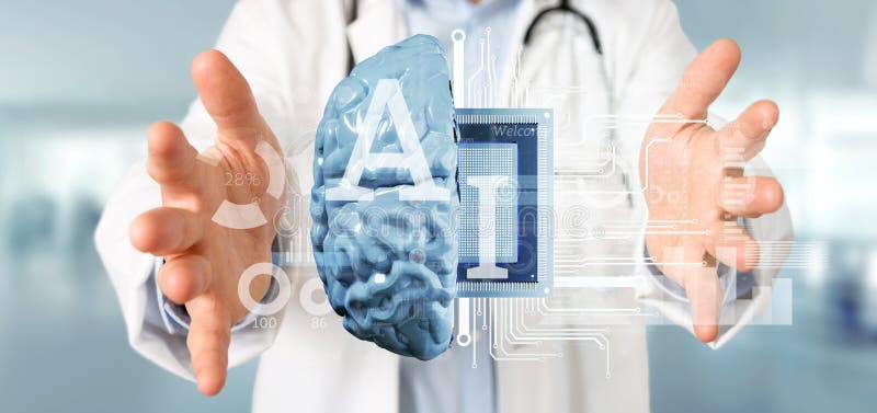 Doctor holding Artificial intelligence icon with half brain and half circuit 3d rendering stock images