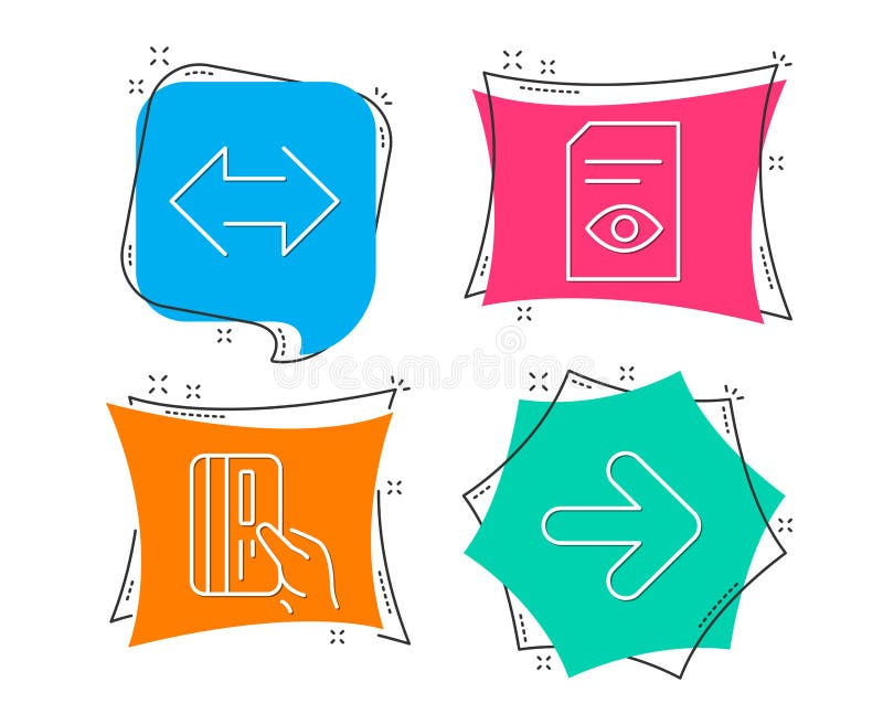 View document, Payment card and Sync icons. Next sign. Open file, Credit card, Synchronize. Forward. royalty free illustration