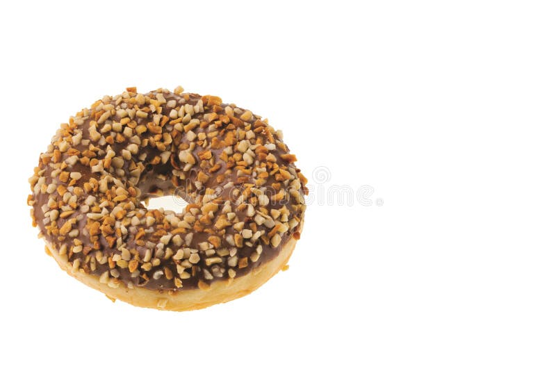 View of Donut Sprinkled with Nuts Isolated on White Background. Stock