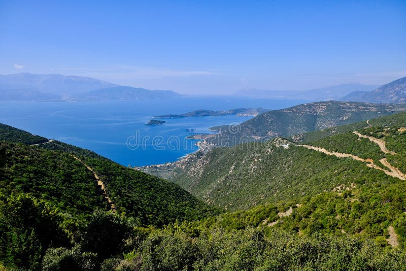 View Down Greek Mountain to the Corinthian Gulf stock photos View Down Greek Mountain to the Corinthian Gulf stock photos