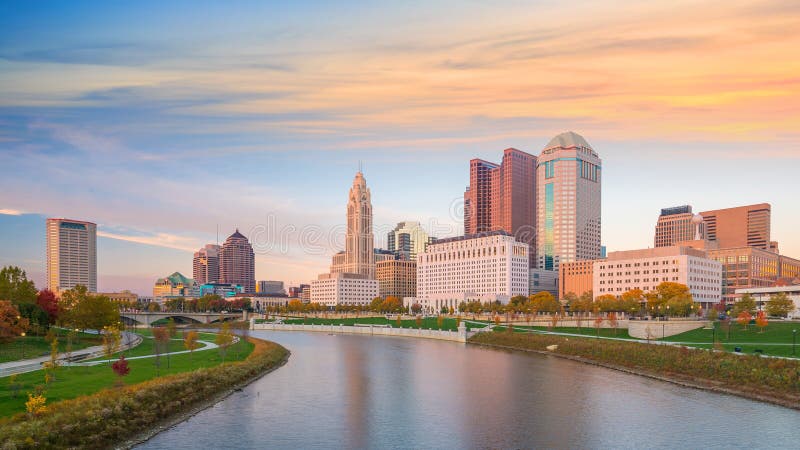View of downtown Columbus Ohio Skyline at Sunset stock photos View of downtown Columbus Ohio Skyline at Sunset stock photos